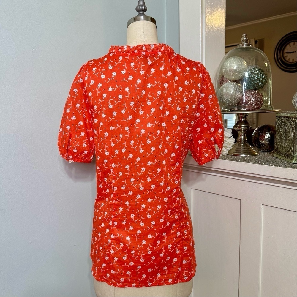 Talbots Ruffle Popover Blouse Scattered Blossoms Orange with White Flowers Large - Picture 6 of 10